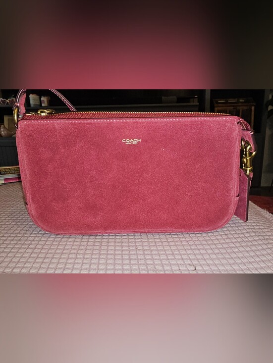Coach Handbags - Coach Burgundy Suede Zip Wristlet with Gold Logo